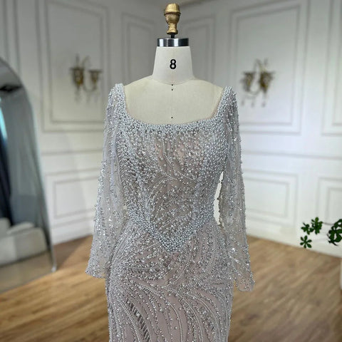 Muslim White Nude Elegant Mermaid Luxury Dubai Evening Dresses Gowns Pearls Beaded For Women Wedding Party LA72266A