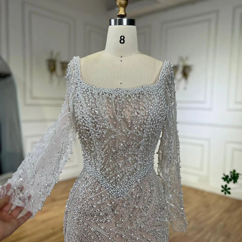 Muslim White Nude Elegant Mermaid Luxury Dubai Evening Dresses Gowns Pearls Beaded For Women Wedding Party LA72266A