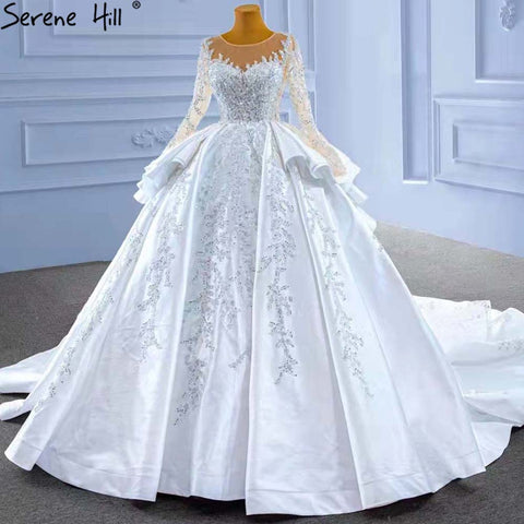 Muslim White Ruffles Beaded Wedding Dresses 2025 Satin Luxury Lace Up Bride Gowns HM67329 Custom Made