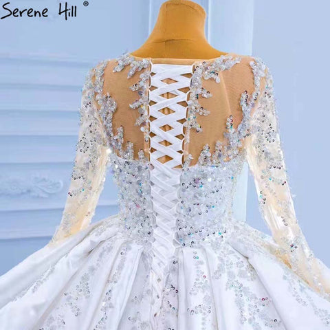 Muslim White Ruffles Beaded Wedding Dresses 2025 Satin Luxury Lace Up Bride Gowns HM67329 Custom Made