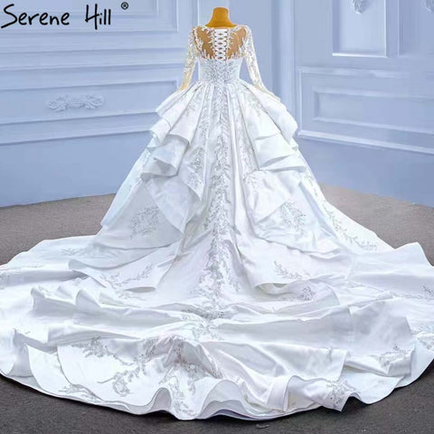 Muslim White Ruffles Beaded Wedding Dresses 2025 Satin Luxury Lace Up Bride Gowns HM67329 Custom Made