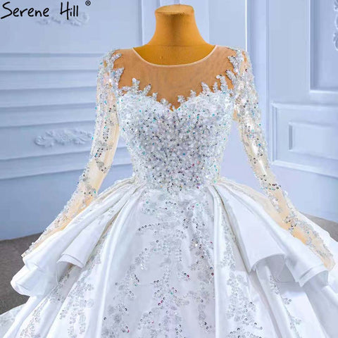 Muslim White Ruffles Beaded Wedding Dresses 2025 Satin Luxury Lace Up Bride Gowns HM67329 Custom Made