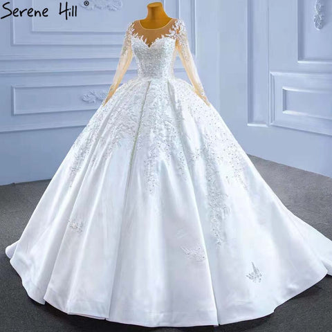 Muslim White Satin Wedding Dresses 2025 Beaded High-end Lace Up Bride Gowns HM67415 Custom Made