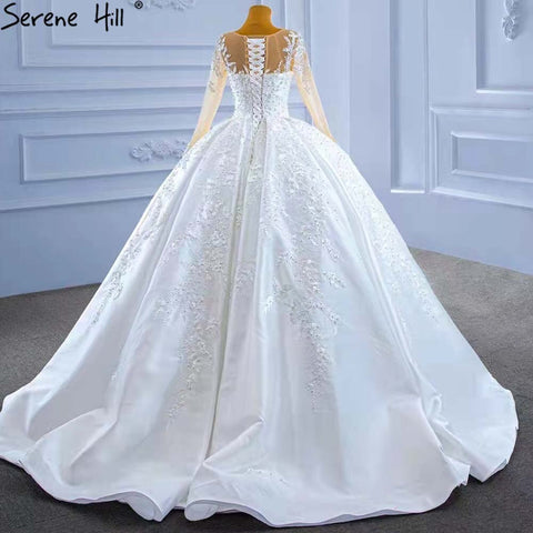 Muslim White Satin Wedding Dresses 2025 Beaded High-end Lace Up Bride Gowns HM67415 Custom Made