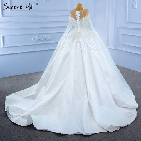 Muslim White Satin Wedding Dresses 2025 Beaded Pearl High-end Bride Gowns HM67279 Custom Made