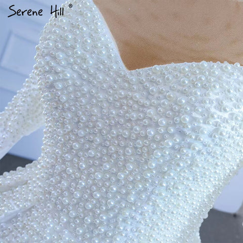 Muslim White Satin Wedding Dresses 2025 Beaded Pearl High-end Bride Gowns HM67279 Custom Made