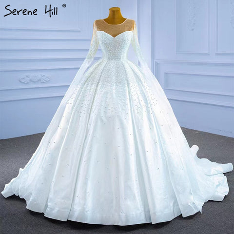 Muslim White Satin Wedding Dresses 2025 Beaded Pearl High-end Bride Gowns HM67279 Custom Made