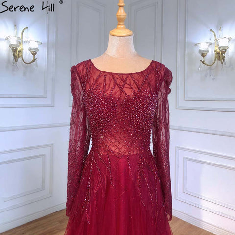 Muslim Wine Red A-Line Evening Dresses Gowns 2025 Luxury Beaded For Women Wedding Party LA71375