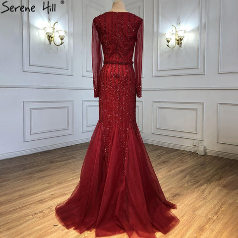 Muslim Wine Red Beaded Evening Dresses Gowns 2025 Mermaid Elegant Luxury For Women Party LA71134