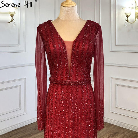 Muslim Wine Red Beaded Evening Dresses Gowns 2025 Mermaid Elegant Luxury For Women Party LA71134