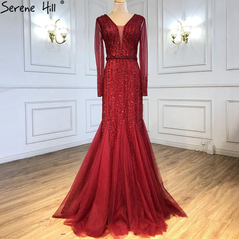 Muslim Wine Red Beaded Evening Dresses Gowns 2025 Mermaid Elegant Luxury For Women Party LA71134