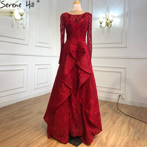 Muslim Wine Red Luxury Evening Dresses Gowns 2025 A-Line Beading Crystal For Women Party LA70967