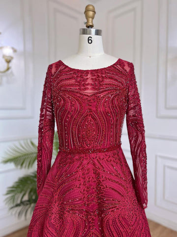 Muslim Wine Red Luxury Evening Dresses Gowns 2025 A-Line Beaded For Women Wedding Party LA71873