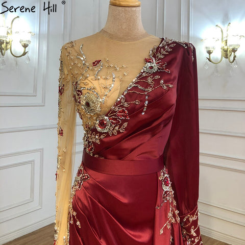 Muslim Wine Red Luxury Mermaid Evening Dresses Gowns 2025 Satin Elegant Beading For Women Party LA70990