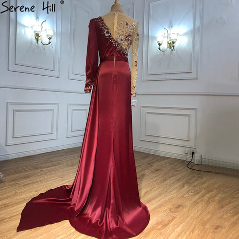 Muslim Wine Red Luxury Mermaid Evening Dresses Gowns 2025 Satin Elegant Beading For Women Party LA70990