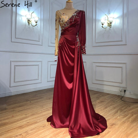 Muslim Wine Red Luxury Mermaid Evening Dresses Gowns 2025 Satin Elegant Beading For Women Party LA70990