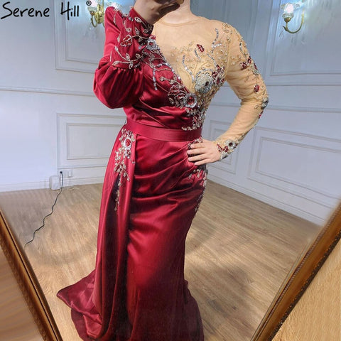 Muslim Wine Red Luxury Mermaid Evening Dresses Gowns 2025 Satin Elegant Beading For Women Party LA70990