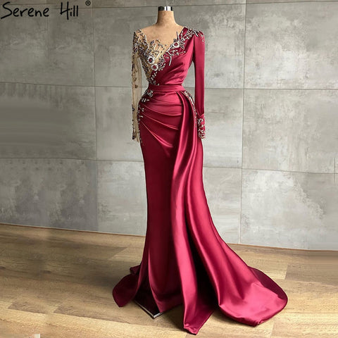 Muslim Wine Red Luxury Mermaid Evening Dresses Gowns 2025 Satin Elegant Beading For Women Party LA70990