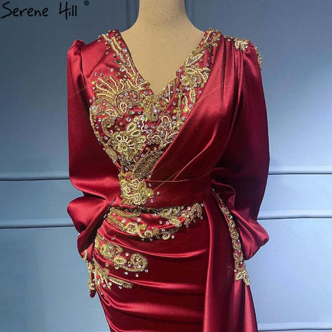 Muslim Wine Red Mermaid Elegant Evening Dresses Gowns 2025 Satin Beaded Luxury For Women Party LA71366