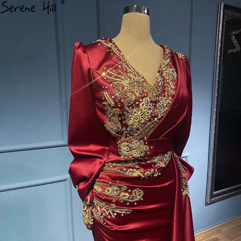 Muslim Wine Red Mermaid Elegant Evening Dresses Gowns 2025 Satin Beaded Luxury For Women Party LA71366