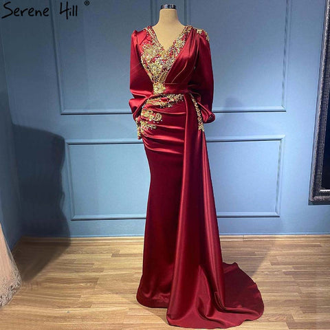 Muslim Wine Red Mermaid Elegant Evening Dresses Gowns 2025 Satin Beaded Luxury For Women Party LA71366