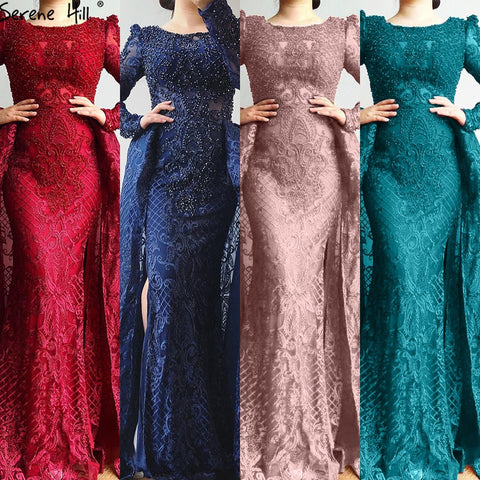 Muslim Wine Red Mermaid Elegant O Neck Luxury Beaded Evening Dresses Gowns 2025 For Woman Plus Size LA70406