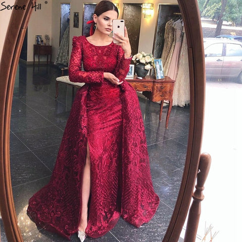 Muslim Wine Red Mermaid Elegant O Neck Luxury Beaded Evening Dresses Gowns 2025 For Woman Plus Size LA70406