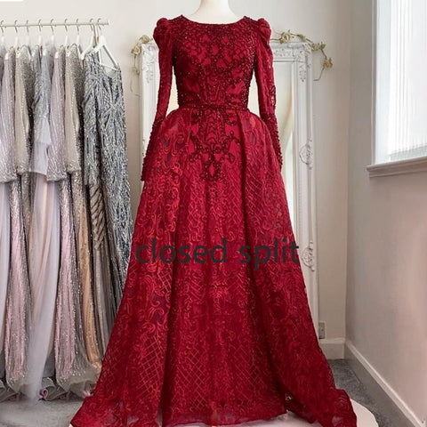 Muslim Wine Red Mermaid Elegant O Neck Luxury Beaded Evening Dresses Gowns 2025 For Woman Plus Size LA70406