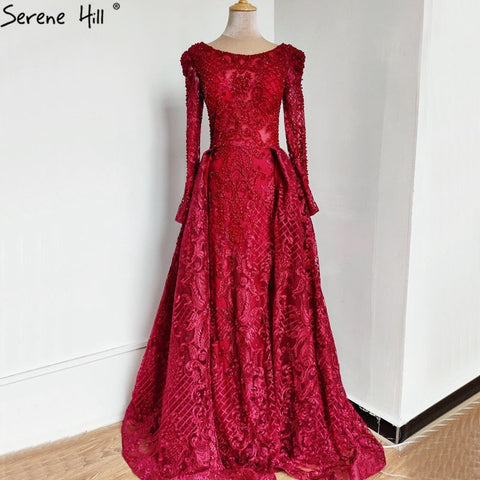 Muslim Wine Red Mermaid Elegant O Neck Luxury Beaded Evening Dresses Gowns 2025 For Woman Plus Size LA70406