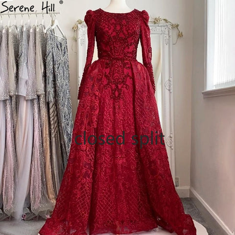 Muslim Wine Red Mermaid Elegant O Neck Luxury Beaded Evening Dresses Gowns 2025 For Woman Plus Size LA70406