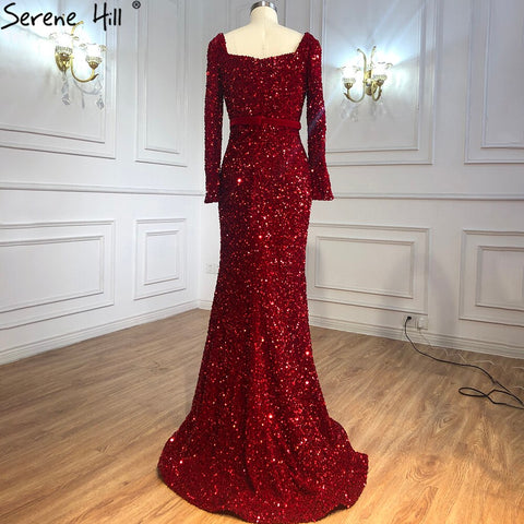 Muslim Wine Red Mermaid Evening Dresses Gowns 2025 Luxury Long Sleeves Elegant For Women Party LA70797