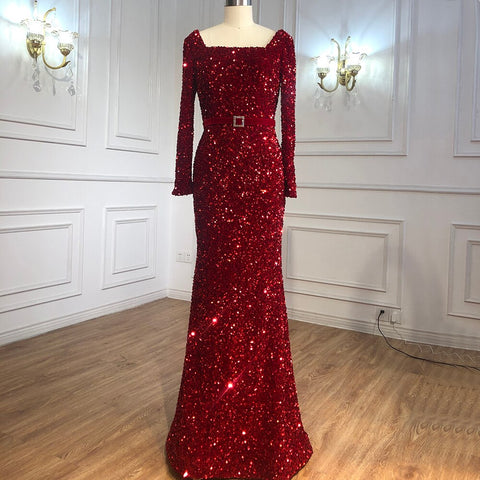 Muslim Wine Red Mermaid Evening Dresses Gowns 2025 Luxury Long Sleeves Elegant For Women Party LA70797