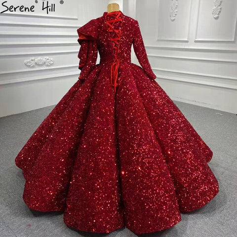 Muslim Wine Red Sequined Wedding Dresses 2025 Long Sleeves Luxury Sparkle Bridal Gowns HA2522 Custom Made