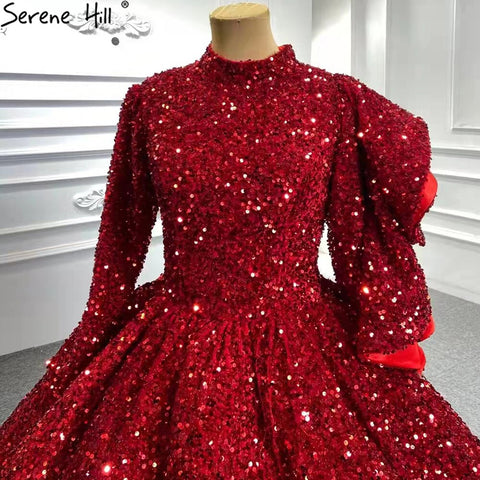 Muslim Wine Red Sequined Wedding Dresses 2025 Long Sleeves Luxury Sparkle Bridal Gowns HA2522 Custom Made