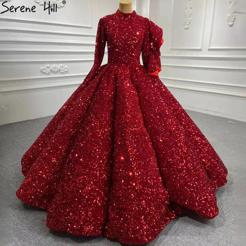 Muslim Wine Red Sequined Wedding Dresses 2025 Long Sleeves Luxury Sparkle Bridal Gowns HA2522 Custom Made
