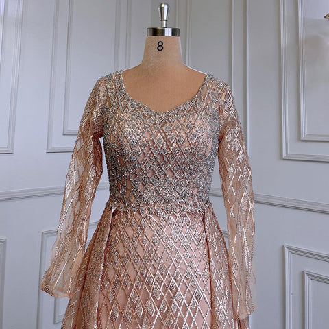 Robe de soirée musulmane grise avec jupe à col rond, luxueuse robe perlée, pour femme, modèle LA71723, 2025 