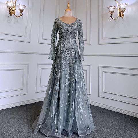 Robe de soirée musulmane grise avec jupe à col rond, luxueuse robe perlée, pour femme, modèle LA71723, 2025 