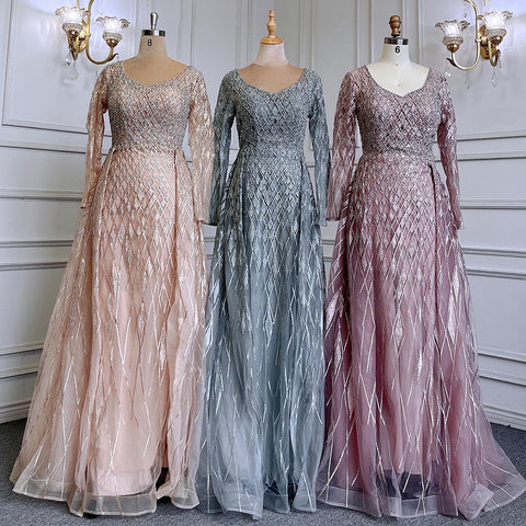 Robe de soirée musulmane grise avec jupe à col rond, luxueuse robe perlée, pour femme, modèle LA71723, 2025 