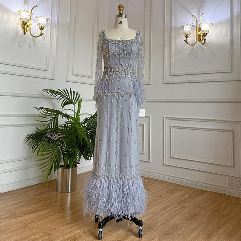 MuslimTurquoise Mermaid  Elegant Evening Dresses Gowns 2025 Luxury Beaded Feather For Women Party LA71722