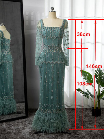 MuslimTurquoise Mermaid  Elegant Evening Dresses Gowns 2025 Luxury Beaded Feather For Women Party LA71722