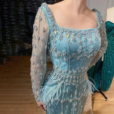 MuslimTurquoise Mermaid  Elegant Evening Dresses Gowns 2025 Luxury Beaded Feather For Women Party LA71722