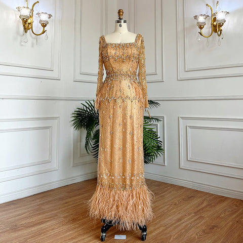 MuslimTurquoise Mermaid  Elegant Evening Dresses Gowns 2025 Luxury Beaded Feather For Women Party LA71722