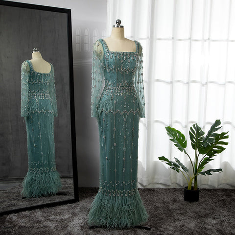 MuslimTurquoise Mermaid  Elegant Evening Dresses Gowns 2025 Luxury Beaded Feather For Women Party LA71722