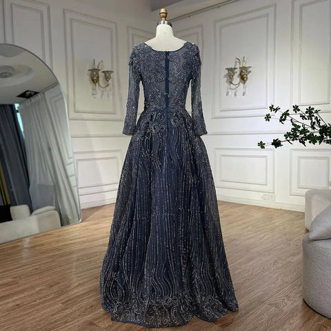 Muslim Navy Blue Overskirt Luxury Dubai Evening Dresses 2025 Elegant A Line Beaded For Women Party LA70773A