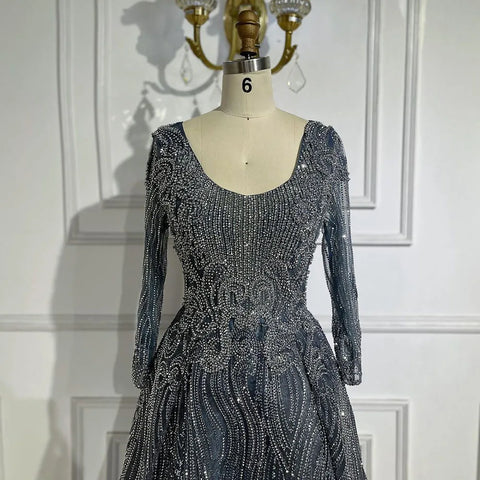 Muslim Navy Blue Overskirt Luxury Dubai Evening Dresses 2025 Elegant A Line Beaded For Women Party LA70773A