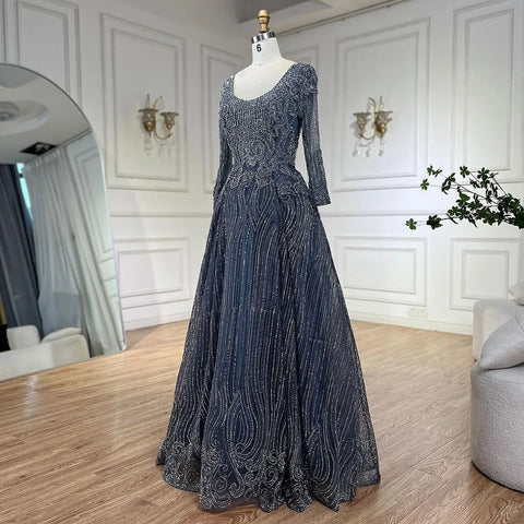 Muslim Navy Blue Overskirt Luxury Dubai Evening Dresses 2025 Elegant A Line Beaded For Women Party LA70773A