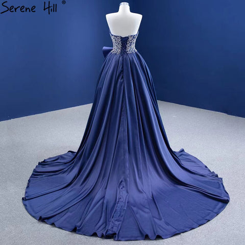 Navy Blue A-Line High Split vening Dresses Gowns 2025 Beaded Satin Sexy For Women Party HM67374