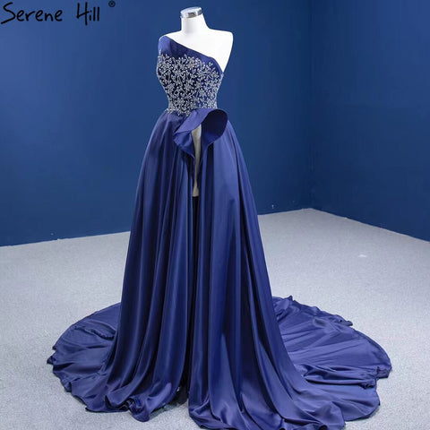 Navy Blue A-Line High Split vening Dresses Gowns 2025 Beaded Satin Sexy For Women Party HM67374