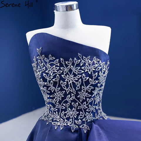 Navy Blue A-Line High Split vening Dresses Gowns 2025 Beaded Satin Sexy For Women Party HM67374