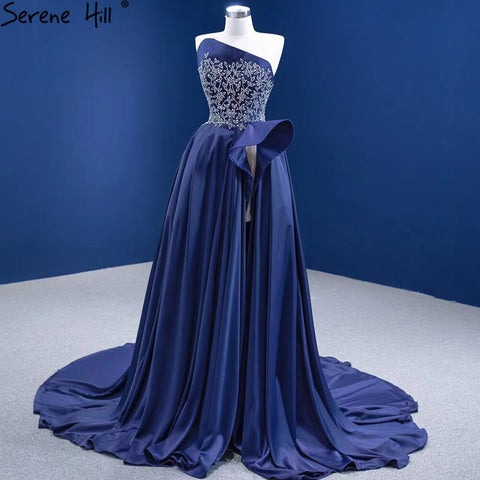 Navy Blue A-Line High Split vening Dresses Gowns 2025 Beaded Satin Sexy For Women Party HM67374